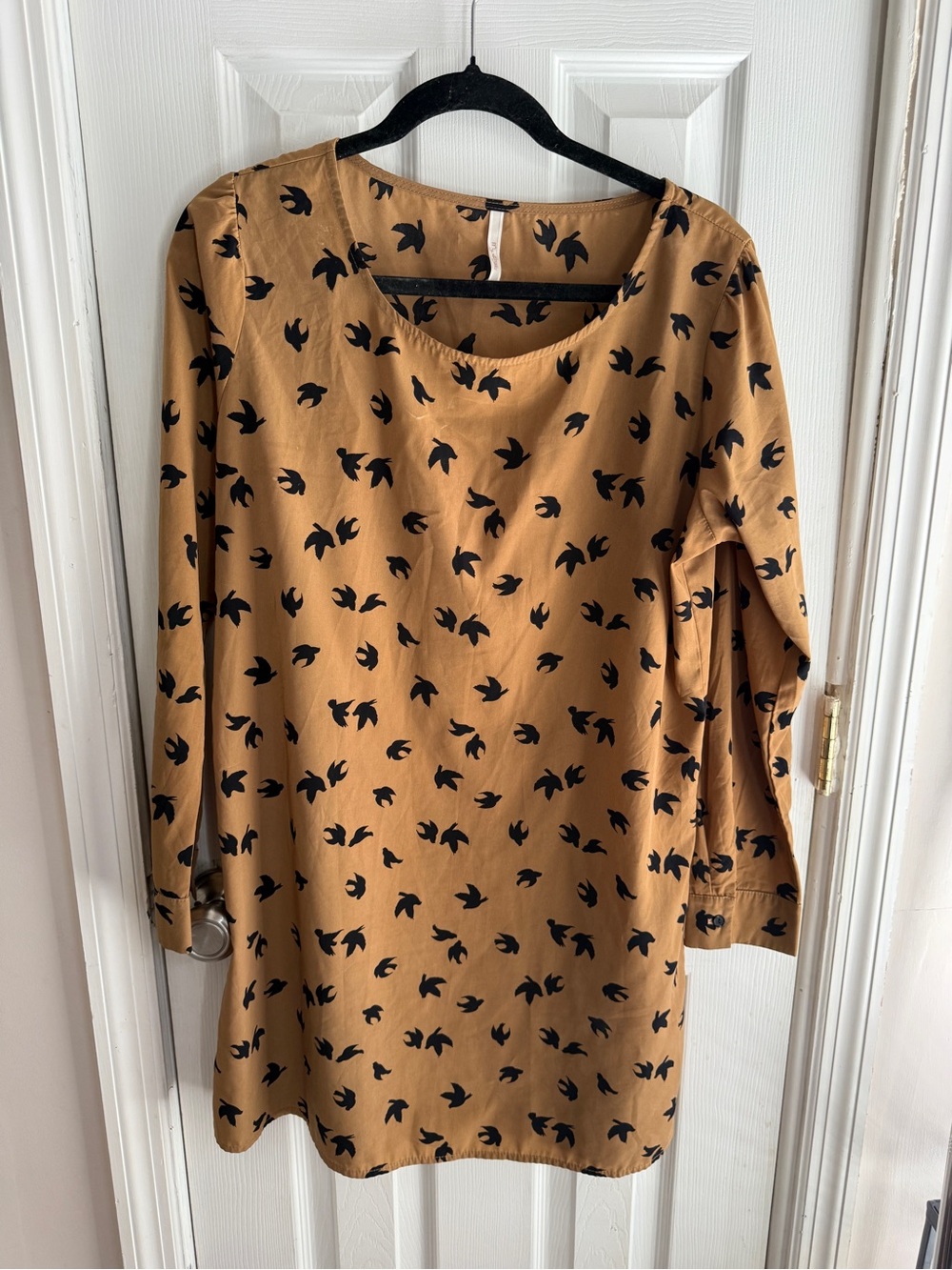My Story Tan Long-Sleeve Tunic Dress with Black Bird Print